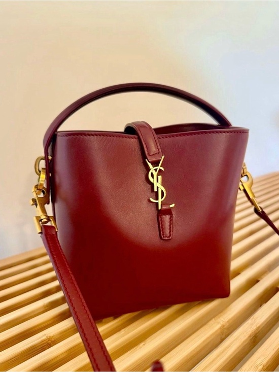 Saint Laurent Handbags - Saint Laurent Wine Red Leather Mini Bucket Bag with Gold YSL